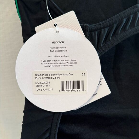 Sporti Piped Splice Wide Strap One Piece Swimsuit Black Green 38 NWT - Picture 6 of 9
